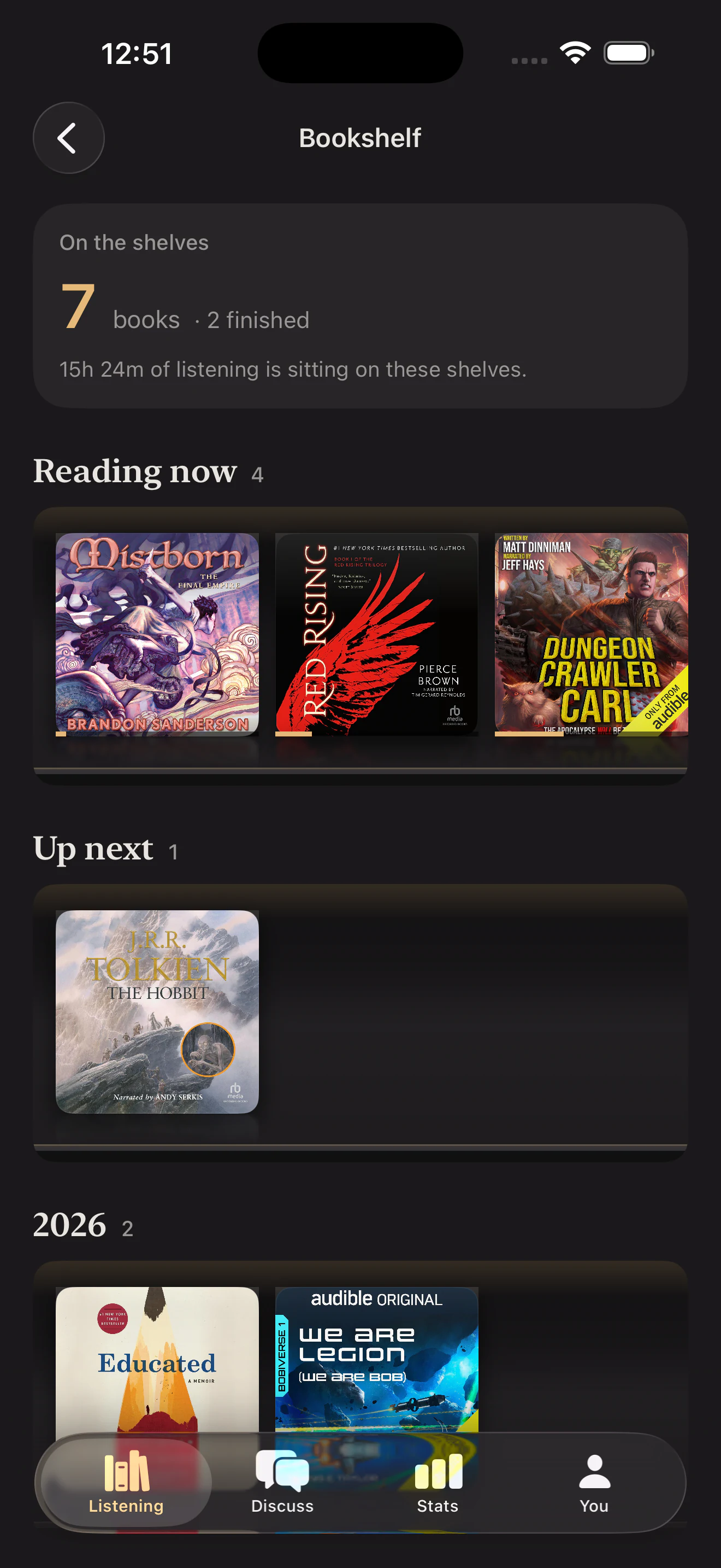 Booktrace bookshelf showing a series of audiobooks organized together