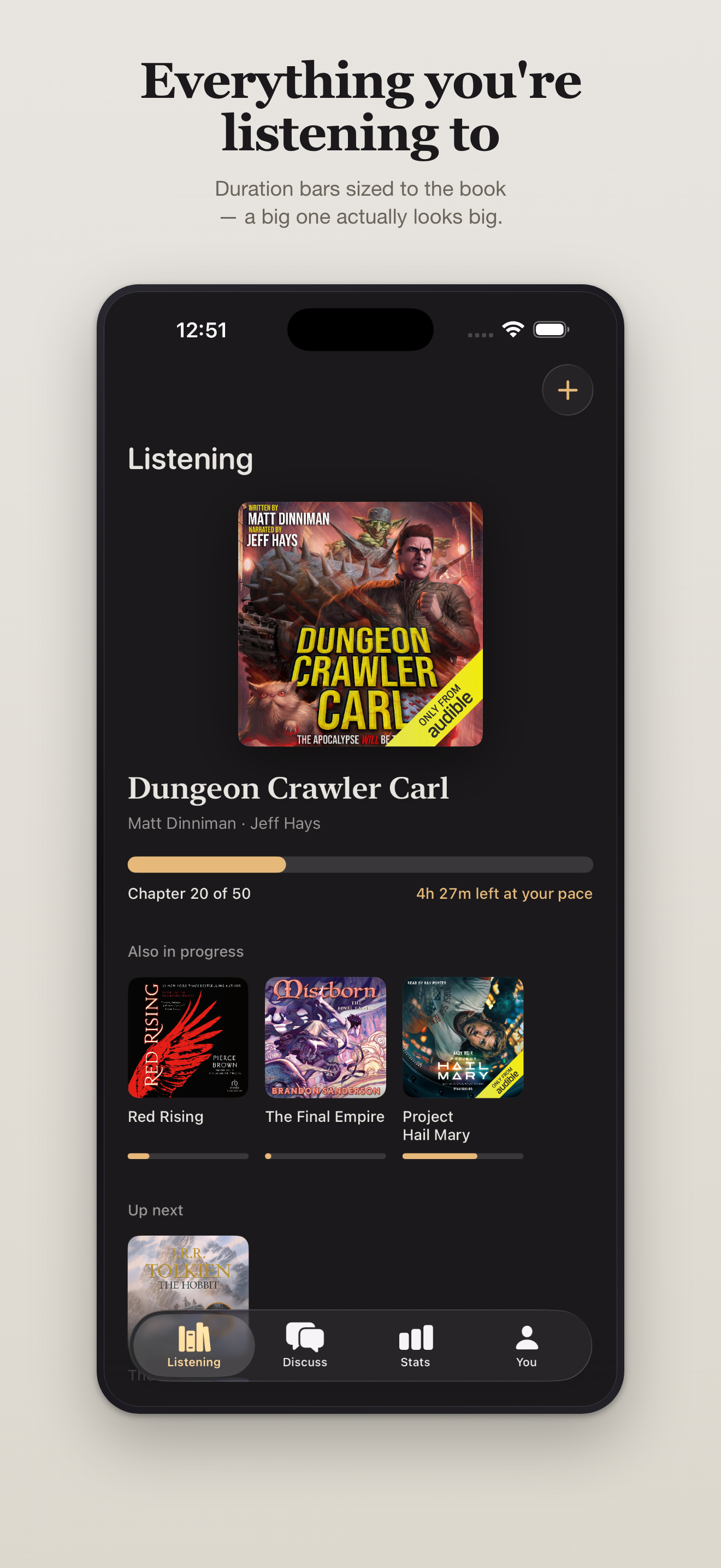 BookTrace library showing audiobook covers, listening progress, and current sessions