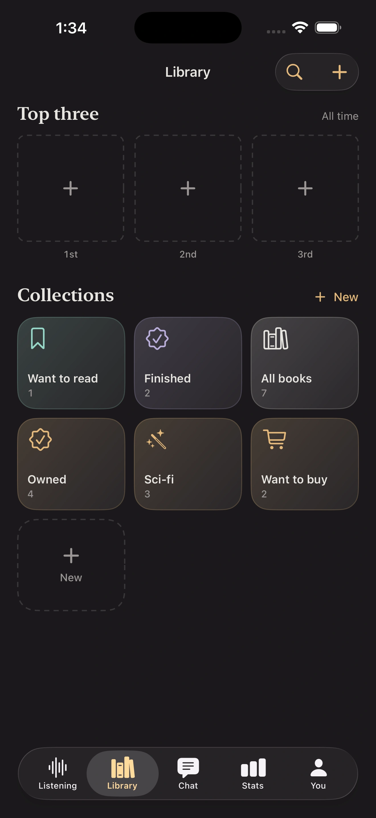 Booktrace Library with top-three slots and collections for books to read, finished books, owned books, genres, and wish lists