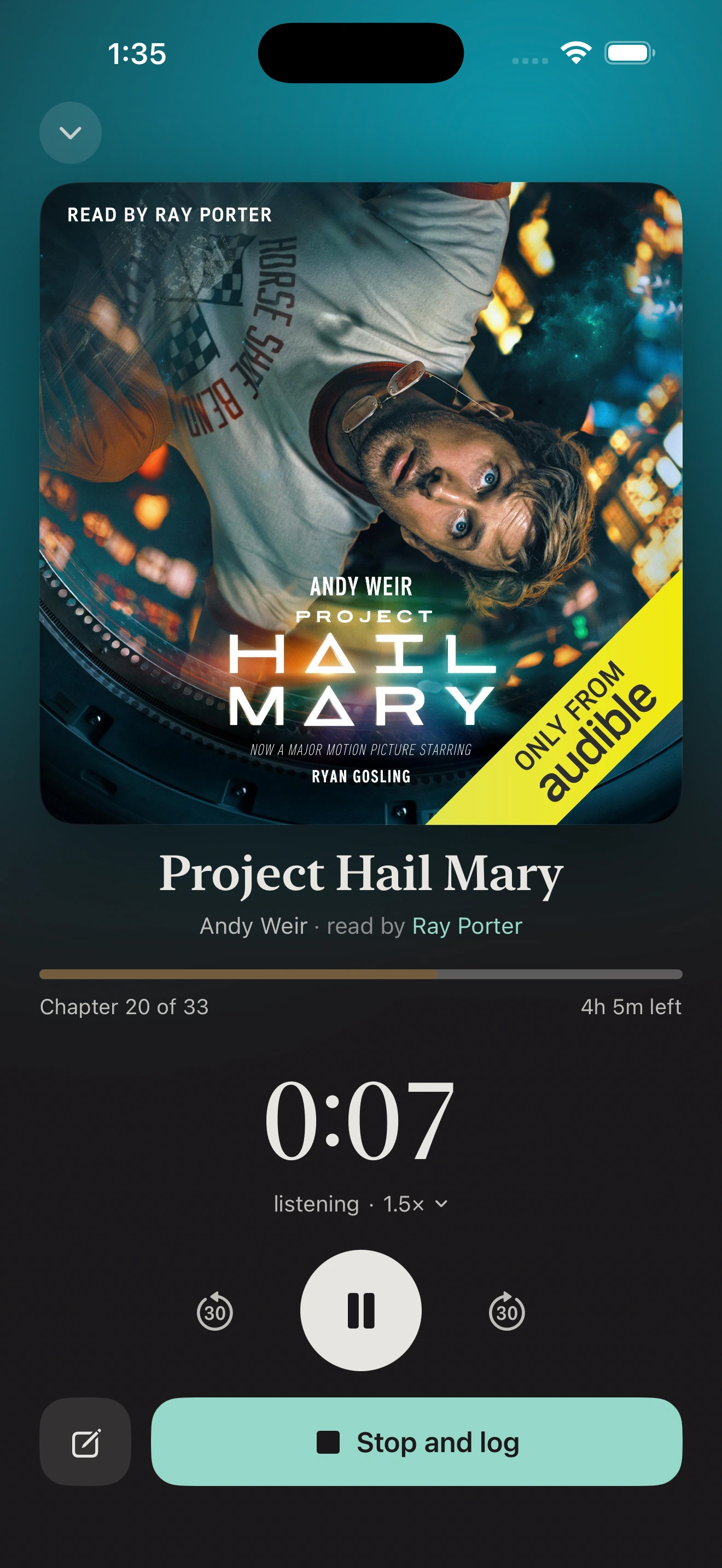 Booktrace cover-tinted live listening screen with progress, timer, speed, playback controls, notes, and stop button