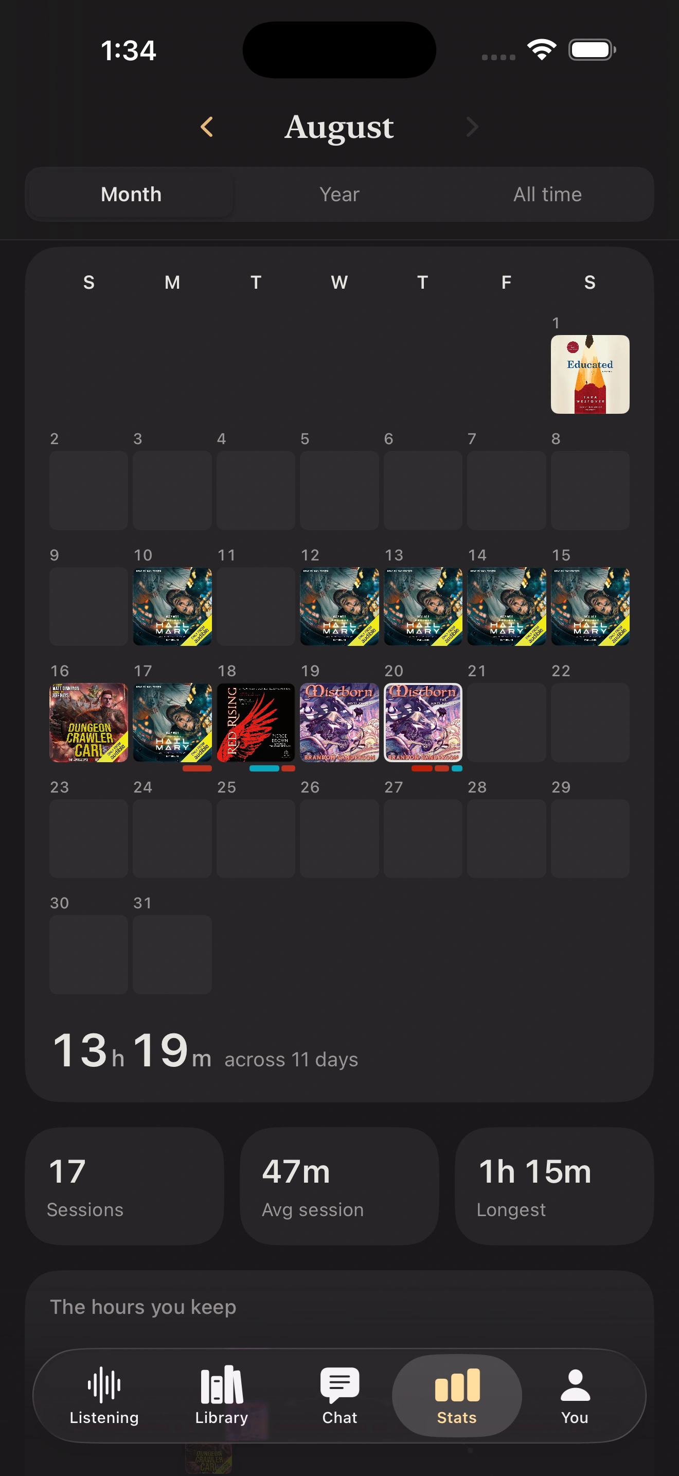 Booktrace Stats with an August calendar made from audiobook covers, monthly listening time, sessions, average session, and longest session